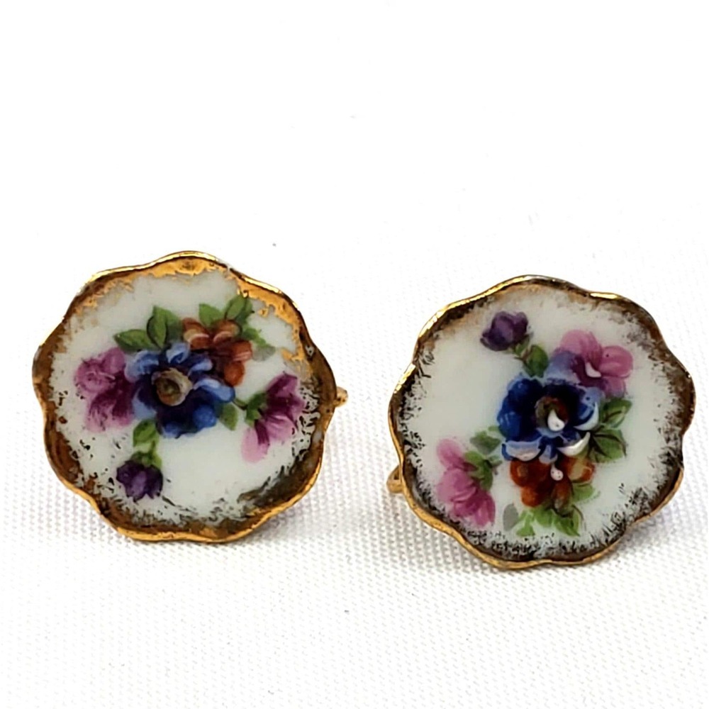 VTG Limoges France Porcelain Screw-Back Earrings Hand Painted Gilt Floral Design - Picture 2 of 7